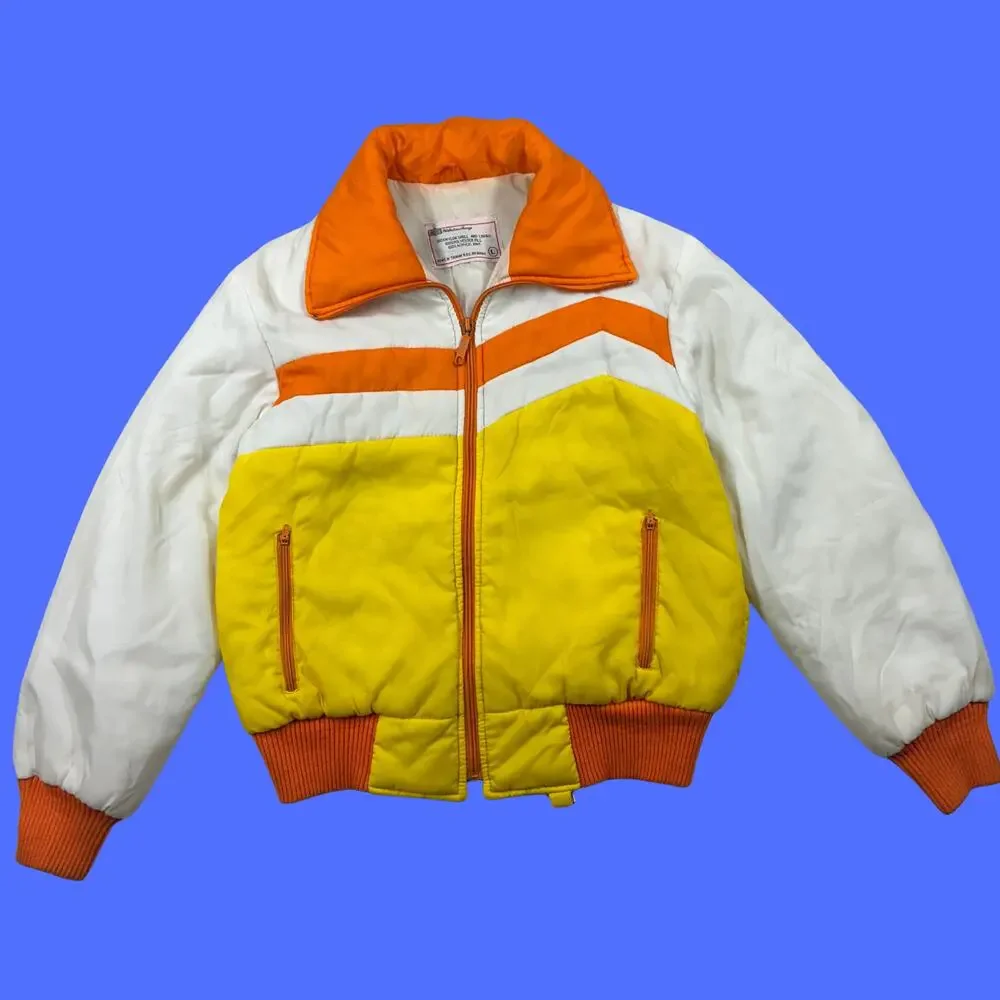 Vintage 70s Ski Jacket Womens Large Lemon/White Colorblock Zip Up Winter K Mart